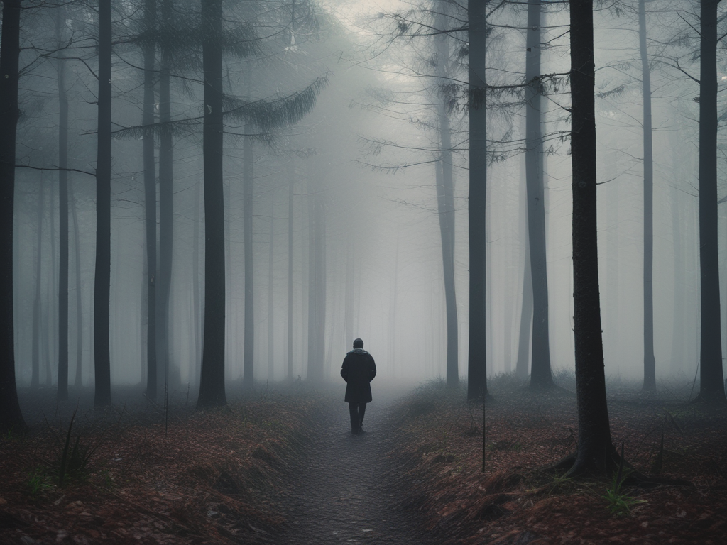 Image of an individual walking down a dirt path in a cloudy forest with dispersed trees.