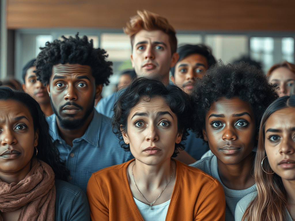 Group of men and women of many races staring into the camera looking unsure of themselves with wide eyes.