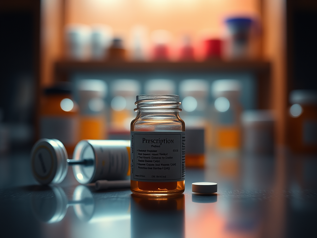 A glass prescription bottle with the word, 'Prescription' on it and a tablet to its right. In the background there are rows of blurred medication bottles and one on its side.